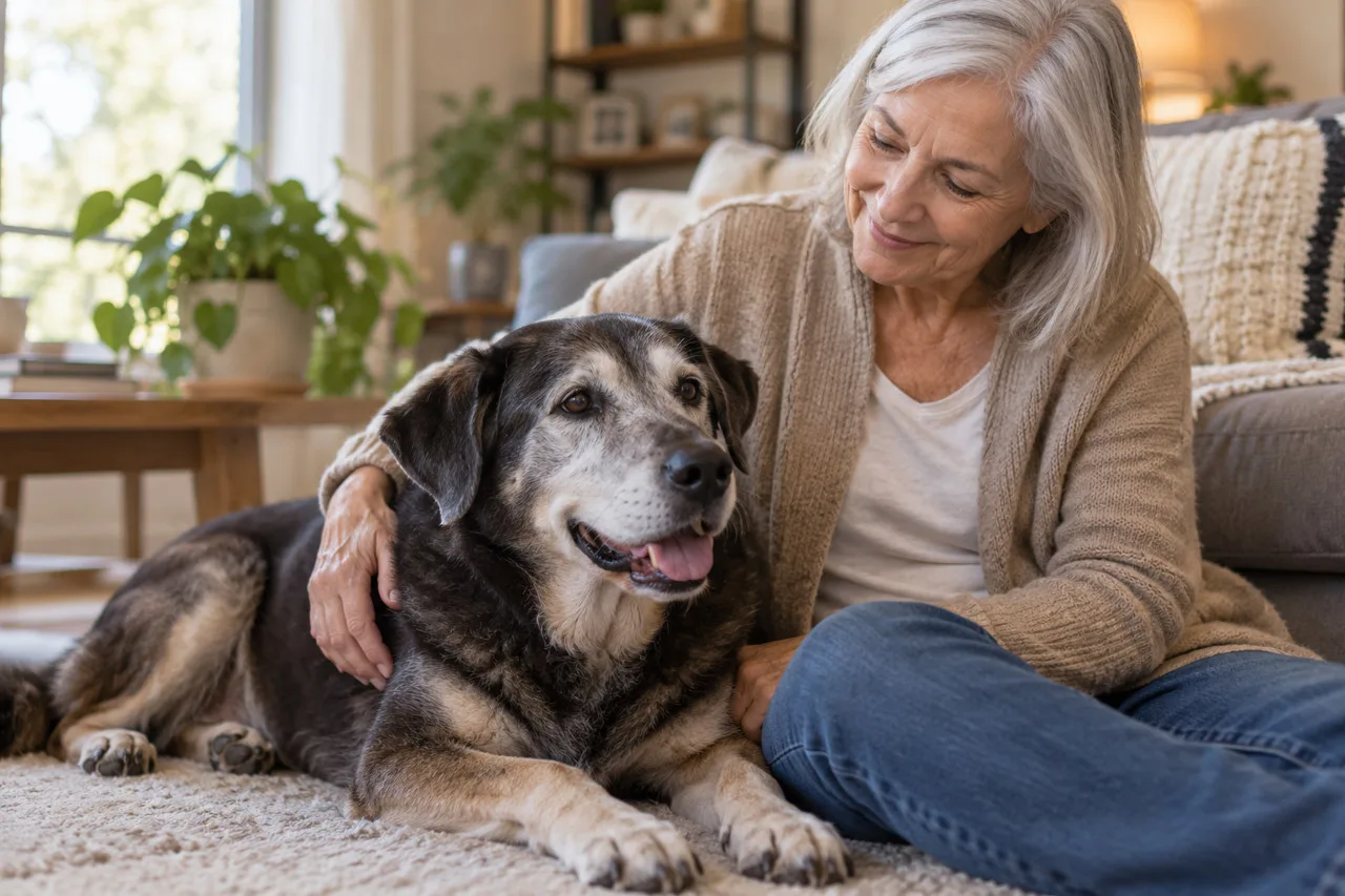 Owner sitting beside a gray-muzzled black dog on a rug